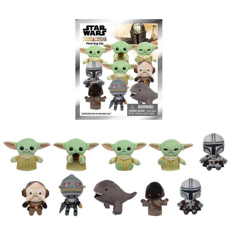 May include: A set of 9 Star Wars Mandalorian Plush Bag Clips featuring characters like The Mandalorian, Grogu, and a Mythosaur. The characters are all in a chibi style and are made of soft plush.