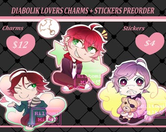 Puede incluir: Imagen promocional para el pedido anticipado de amuletos y pegatinas de Diabolik Lovers. La imagen presenta tres personajes de dibujos animados con cabello rojo, verde y morado. El texto incluye "Charms" y "Stickers" con precios.