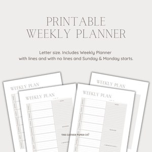 Op de afbeelding: Printbare weekplanner in letterformaat. Bevat twee versies: een met lijnen en een zonder lijnen. Beide versies hebben de optie om de week te beginnen met zondag of maandag. De planner heeft secties voor notities, herinneringen en belangrijke data.