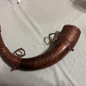 Antique Powder Horn, Engraved Brass and Horn, Probably 19th century Turkish