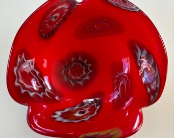 Mid-century Murano Red Glass Dish Stretch Millefiori