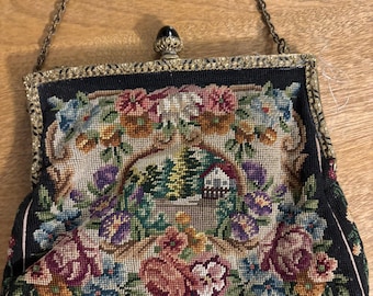 Antique Petit Pointe Floral & House Enamel Edged Purse