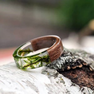 Natural Plant Resin Diorama Wooden Ring, Summer Jewelry Gift