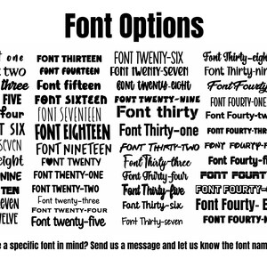 K&ouml;nnte beinhalten: Eine Grafik mit 49 verschiedenen Schriftarten f&uuml;r Text. Die Schriftarten sind von eins bis neunundvierzig nummeriert. Der Text lautet "Schriftarten-Optionen" und "Haben Sie eine bestimmte Schriftart im Sinn? Senden Sie uns eine Nachricht und teilen Sie uns den Schriftartnamen mit!"