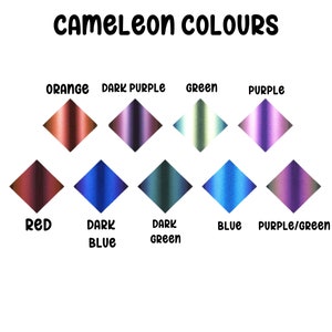 May include: Image displaying a color chart labeled "CAMELEON COLOURS." The chart features diamond-shaped color swatches in shades of orange, dark purple, green, purple, red, dark blue, dark green, blue, and purple/green. The text labels each color.