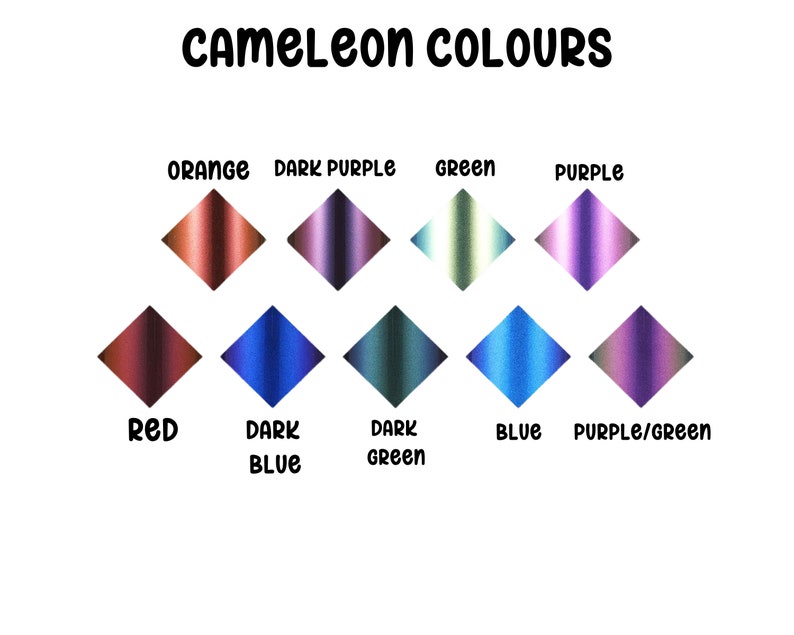 May include: Image displaying a color chart labeled "CAMELEON COLOURS." The chart features diamond-shaped color swatches in shades of orange, dark purple, green, purple, red, dark blue, dark green, blue, and purple/green. The text labels each color.