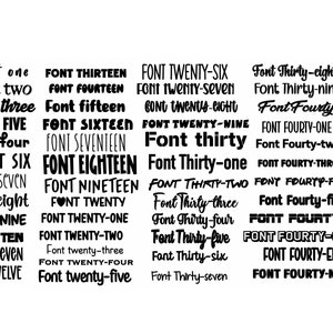 May include: A collection of font samples, each labeled with its name. The fonts vary in style, from bold sans-serif to elegant script. The text is black against a white background, showcasing a variety of typography options for design projects.