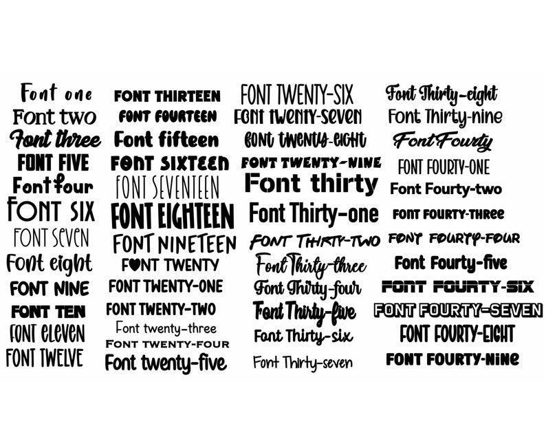 May include: A collection of font samples, each labeled with its name. The fonts vary in style, from bold sans-serif to elegant script. The text is black against a white background, showcasing a variety of typography options for design projects.