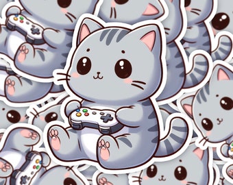 Cute Kawaii Cat Sticker, Gaming Sticker, Kawaii Sticker, Tabby Cat, Grey Cat Sticker, Silly Cat, Cozy Gamer Sticker, Durable Vinyl Sticker