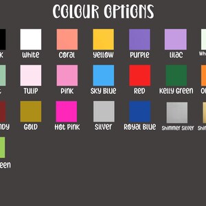 May include: Color chart with 18 different color options. The colors include black, white, coral, yellow, purple, lilac, whispering blue, mint, tulip, pink, sky blue, red, kelly green, orange, burgundy, gold, hot pink, silver, royal blue, shimmer silver, and shimmer gold.
