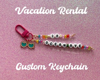 Custom Address Beaded Keychain with sunglasses charm and flower beads - Vacation rental AirBnB vrbo house keychain