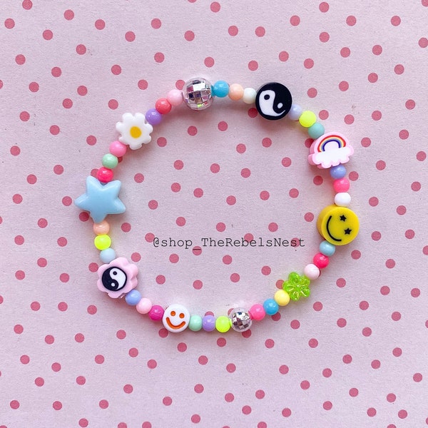 90s Kid Charm Bracelet - 90s Nostalgia Gift for Women Girls Teens Birthday - Polymer Clay aliens, flowers, yin yangs, smiley faces, rainbows