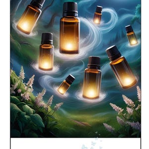 Może przedstawiać: Fantazyjna ilustracja butelek z olejkami eterycznymi unoszących się w magicznym lesie. Butelki otoczone są wirującymi chmurami i świecącymi światłami. Tekst "ESSENTIAL OILS RECIPE LOGBOOK" znajduje się na dole obrazu.