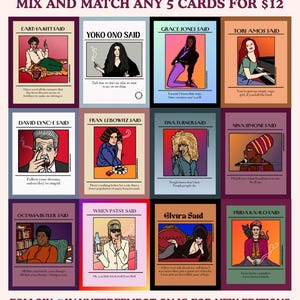 May include: A collection of twelve colorful cards featuring illustrations and quotes from various figures, including Eartha Kitt, Yoko Ono, and Frida Kahlo. The text "USE CODE: SHESAID TO MIX AND MATCH ANY 5 CARDS FOR $12" is at the top, with "FOLLOW @HAUNTEDFEMBOT ON IG FOR NEW EDITIONS" at the bottom.