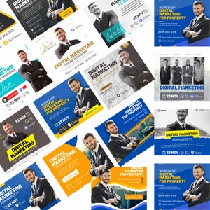 May include: A collection of colorful digital marketing workshop flyers featuring a man in a suit. The flyers advertise a workshop on digital marketing for property, with the date, time, and location listed. The flyers are designed with a modern and professional aesthetic.