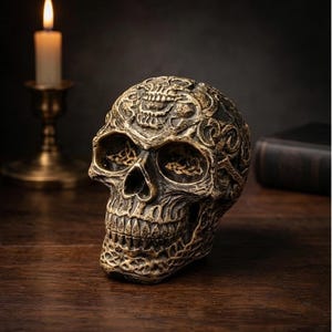 May include: A human skull sculpture featuring intricate, raised relief carvings across its surface. The object has a weathered, metallic bronze and dark brown finish, highlighting the detailed textures of the bone structure and decorative patterns.