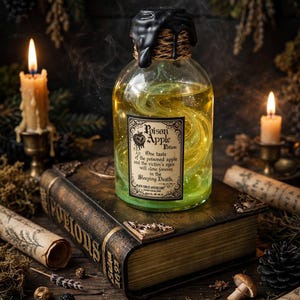 May include: A clear glass bottle filled with a swirling yellow liquid, topped with black wax and twine. The label reads Poison Apple Potion, One taste of the poisoned apple and the victim's eyes will close forever, in the Sleeping Death, Black Forest Apothecary.