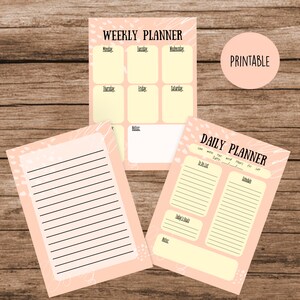 May include: Printable weekly and daily planner pages with a peach background and white floral designs. The weekly planner has sections for Monday through Saturday. The daily planner has sections for to-do list, schedule, today's focus, and notes.