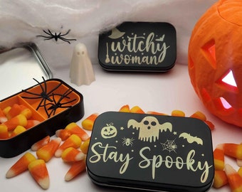 Boîte cadeau d'Halloween en métal imprimée, gravure sur étain en métal, rangement pour Halloween, boîte à bonbons en étain, décoration d'Halloween, boîte à biscuits, organisateur d'étain altoïde
