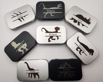 Boîte personnalisée dinosaure | Petite boîte métallique altoïde à charnière en métal avec nom personnalisé