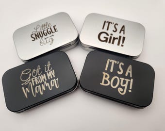 Boîte révélatrice de sexe de bébé personnalisée : boîte métallique altoïde en métal avec un message amusant