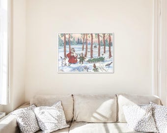 Winter Igel Familie Kunstdruck | Gemütliche Weihnachtswaldszene (Digital)