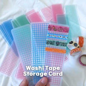 Clear PVC washi tape sampler card for planner and journaling accessories, showing slim grid design in pink, green, and blue colors.