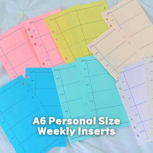 May include: A collection of A6 personal size weekly planner inserts in various colors including pink, yellow, cream, blue, teal, lavender, and peach. Each sheet features pre-printed black grid lines, day labels, and punched holes for binding.