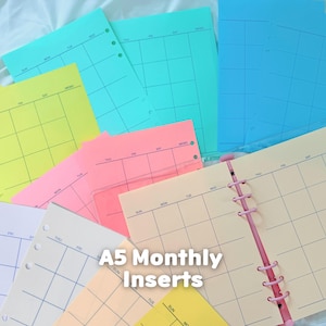 A5 Monthly Refills | Undated Calendar for 6 Hole Ring Binder Planner Colored Paper Inserts | Aesthetic Pages for Custom Journal