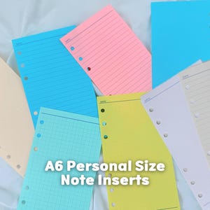 A6 Note Refills | Personal Size Lined, Grid, Dotted, Blank | 6 Hole Ring Binder Planner | Colored Paper Insert & Loose Leaf | Custom Journal
