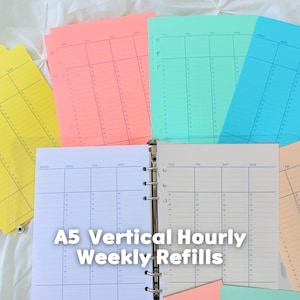 May include: A collection of A5 vertical hourly weekly planner refills in various colors including yellow, coral, mint green, blue, white, and peach. Each sheet features a grid layout with days of the week and hourly time slots printed in black.