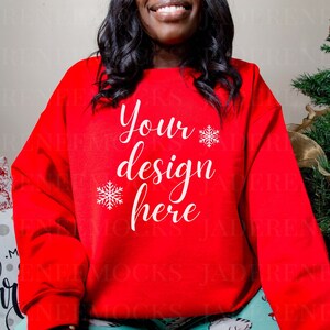 Gildan 18000 mockup, Red Gildan sweater mockup, Black girl sweater mockup, Christmas mockup, Black model mockup, Christmas sweater