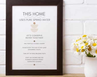 Spring Water - 3 Printable Designs - Conserve Water Sign - Airbnb Sign