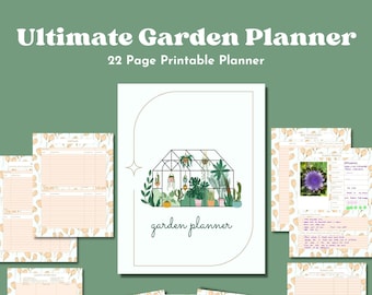 May include: A printable garden planner with 22 pages. The cover features a greenhouse illustration with plants and the text "garden planner".
