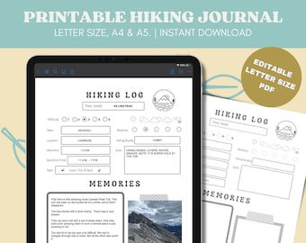 Hiking Log - Hiking Journal - Trail Map - Black and White  Printable  - Instant Download - Editable PDF