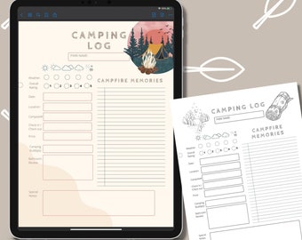 May include: Two printable camping log designs. The first design features a campfire scene with a tent and trees. The second design features a rolled-up sleeping bag and a campfire scene. Both designs include sections for weather, overall rating, date, location, campsite, check-in, check-out, price, camping buddies, bathroom review, special notes, and campfire memories.