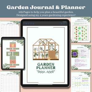 May include: A digital planner featuring a green and brown greenhouse illustration with the text "Garden Planner". The planner includes pages for garden layout, plant profiles, and monthly calendars.
