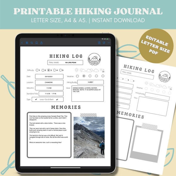 Hiking Log - Hiking Journal - Trail Map - Black and White  Printable  - Instant Download - Editable PDF