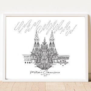 May include: Black and white line drawing of a church with a large archway. The drawing is surrounded by a cloud of names, likely signatures. The text below the drawing reads "Millie's Camino, Oct. 8 - Nov. 8, 2019".