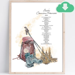 Może przedstawiać: Aquarela przedstawiająca plecak turystyczny, buty trekkingowe i kijki trekkingowe, wraz z listą miejscowości położonych na szlaku pielgrzymkowym Camino Frances w Hiszpanii. Tekst zawiera napis "Zack's Camino Frances 2023".