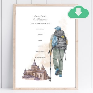 May include: A watercolor illustration of a person hiking the Via Podiensis pilgrimage route in France. The illustration includes a list of towns along the route, including Le Puy en Velay, Conques, Cahors, Lectoure, and Saint-Jean-Pied-de-Port. The illustration is framed in a light wood frame.