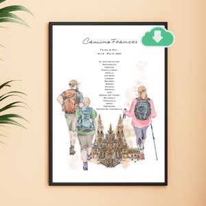May include: A watercolour illustration of three people walking on the Camino de Santiago pilgrimage route in Spain. The illustration includes a list of towns and cities along the route, including St. Jean Pied de Port, Pamplona, Leon, and Santiago de Compostela. The illustration is a great gift for anyone who has walked the Camino or is planning to walk it.