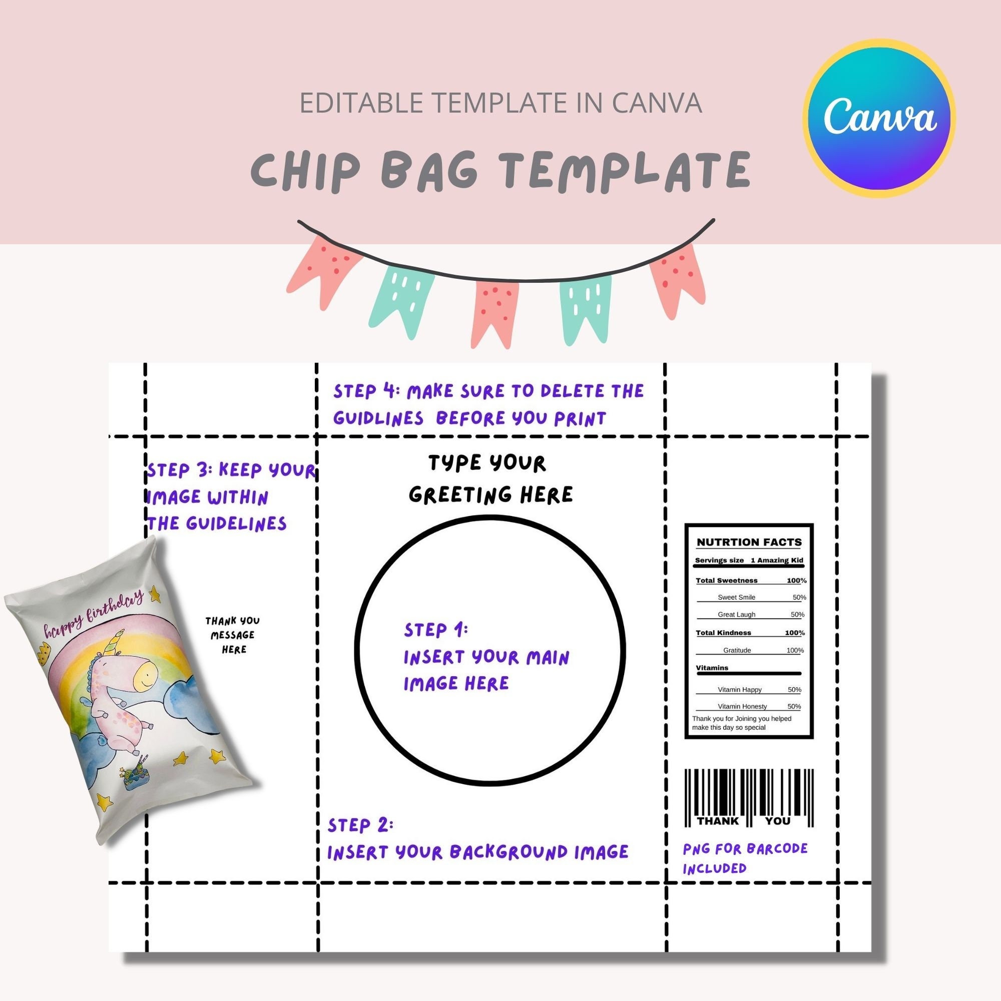 Chip Bag Template, Canva Chip Bag Template, Instant Download, DIY Chip