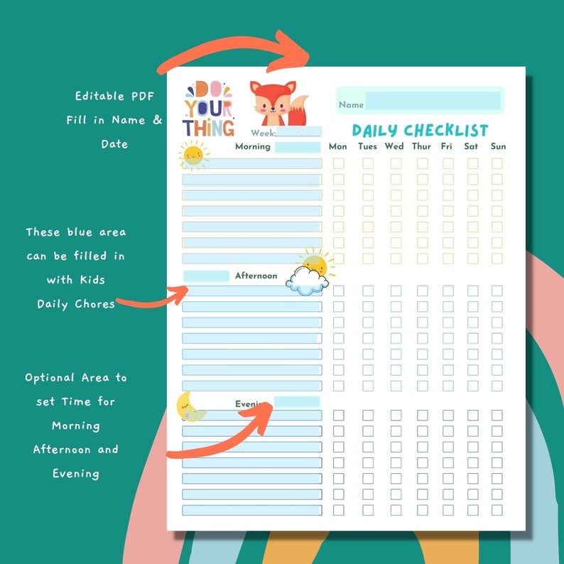 Kids Daily Routine Chart - ADHD Planner - Printable Planner - Fox Theme ...
