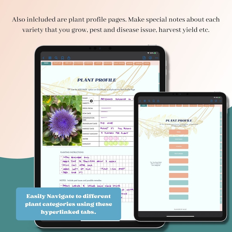 May include: A digital planner page with a plant profile template. The template includes fields for name, variety, seeds from, sow date, germination time, transplant date, harvest date, harvest amount, water, sunlight, planting instructions, and notes. The page also includes a picture of an artichoke.