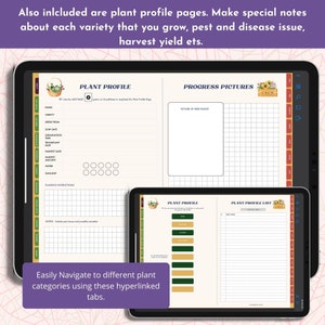 May include: A digital planner page with a plant profile template. The page includes sections for plant name, variety, seeds from, sow date, germination time, transplant date, harvest date, harvest amount, sunlight, water, planting instructions, and notes. The page also includes a progress pictures section with a grid for photos.