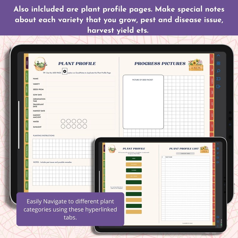 May include: A digital planner page with a plant profile template. The page includes sections for plant name, variety, seeds from, sow date, germination time, transplant date, harvest date, harvest amount, sunlight, water, planting instructions, and notes. The page also includes a progress pictures section with a grid for photos.