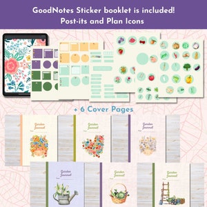 May include: A digital planner for gardening with six cover pages featuring watercolor illustrations of flowers, a watering can, a basket of vegetables, and a ladder. The planner includes stickers, post-it notes, and plan icons.