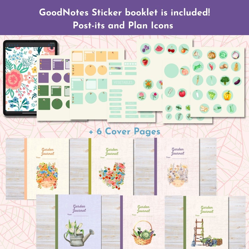 May include: A digital planner for gardening with six cover pages featuring watercolor illustrations of flowers, a watering can, a basket of vegetables, and a ladder. The planner includes stickers, post-it notes, and plan icons.