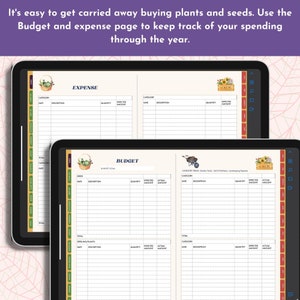 May include: A digital planner with two pages for budgeting and tracking expenses for gardening. The pages are labeled "Budget" and "Expense" and feature illustrations of gardening tools and plants. The planner includes sections for tracking seeds, seedlings, plants, and garden tools.